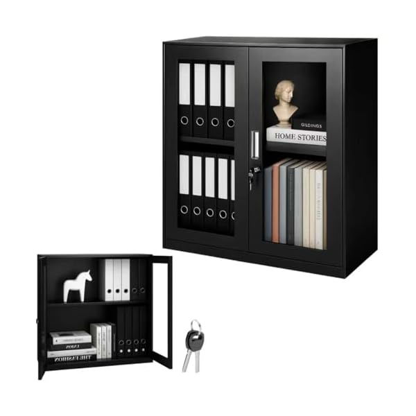 【送料無料】ロッカー 書庫 スチール製 鍵付き 幅90x奥行き40x高さ92.5cm 強化ガラスドア ファイル収納キャビネット 調節可能 仕切り 安全 便利 省スペース 組み立て簡単 オフィス 事務所 学校 業務用 日本語説明書付き(ブラック)