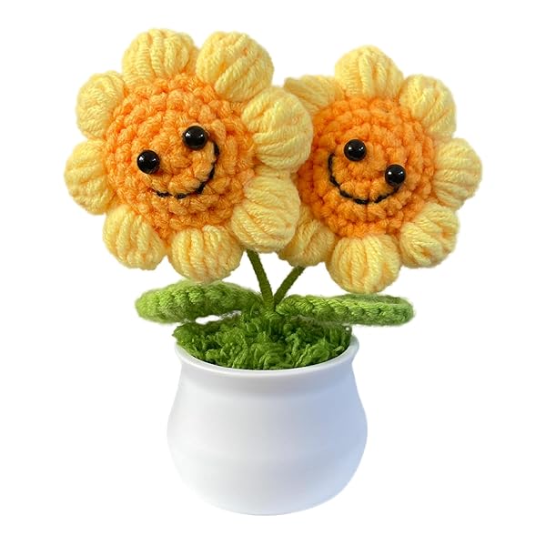 【送料無料】手編み 笑顔 ひまわり 置物 可愛い 造花 インテリア 小物 卓上 編み物 グッズ 雑貨 ニットフラワー 飾り アクセサリー おしゃれ オブジェ プレゼント