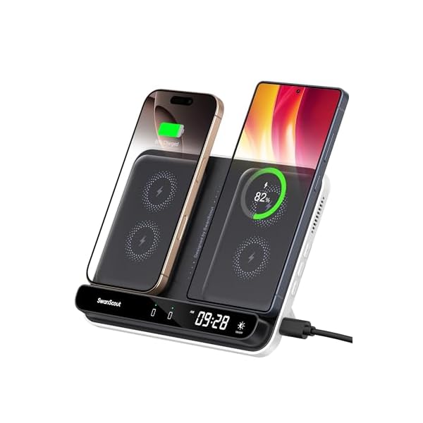 【送料無料】ワイヤレス充電器 2台、iPhone/Galaxy/Pixel対応 充電スタンド 2台同時 置くだけ、折りたたみ式ステーション、iPhone 17/16/15/14シリーズ、Samsung Galaxy S25/S24/S23、Googl