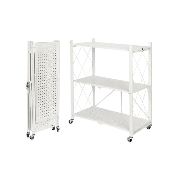 【送料無料】折り畳み メタルラック 折りたたみラック 3層 幅70CM 折りたたみ収納ラックメタルラック 折り畳み棚 360°キャスター付きで移動可能 設置不要 家庭用収納ラック キッチン 寝室 応接間 書斎などに (白, 三階)