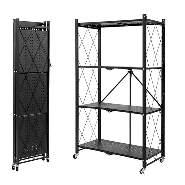 【送料無料】折り畳み メタルラック 折りたたみラック 4層 大容量 幅70CM 金属製の収納ラック 折り畳み棚 360°キャスター付きで移動可能 ック設置不要 家庭用収納ラック キッチン 寝室 応接間 書斎などに (ブラック, 四階)