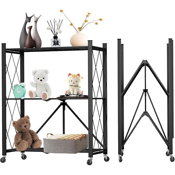 【送料無料】3段 折りたたみスチールラック【広げるだけで使える】幅71×奥行34×高さ87cm 収納ラック 棚ラック スチールシェルフ キャスター付きメタルラック 折り畳み式 オープンラック キッチンラック シェルフ 移動便利 食器棚 防サビ加工（ブ