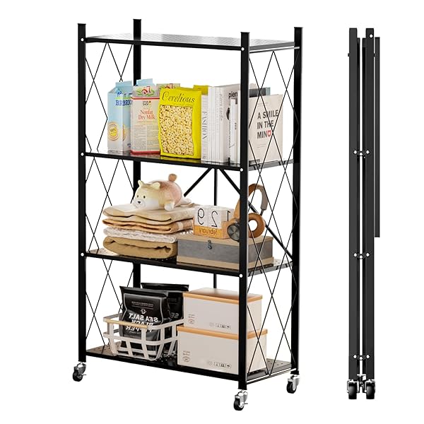 【送料無料】折り畳みラック 4段 幅71×奥行34 折りたたみ棚 収納ラック スチール メタルラック キャスター付き 頑丈なキッチンラック 折りたたみ式 金属制 組み立て不要 折りたたみ式シェルフ Folding Shelf (黒, 幅71×奥行34
