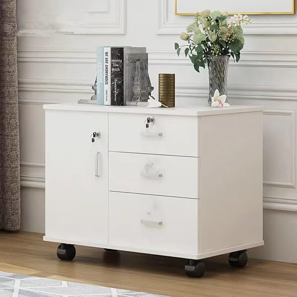 【送料無料】デスクワゴン サイドワゴン キャビネット オフィスワゴン 幅70cm×奥行き40cm×高さ57cm 完成品 組み立て不要 木製 引き出し 鍵付き 自在キャスター付き 大容量収納 (ホワイト)