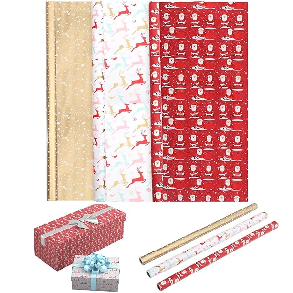 【送料無料】クリスマス 包装紙 大判 クリスマス ラッピングペーパー ロール 70×400cm 3ロール ギフト サンタ クロース ヘラジカ ほし テーマ ラッ...