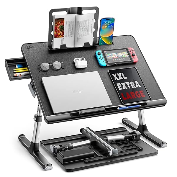 【送料無料】折りたたみミニテーブル「安定性強化版」ローテーブル ベッド用 軽量 大容量天板 角度・高さ調整可能 引き出し&ブックスタンド付き 表面PVC加工 40kg耐荷重 勉強 食事 一人暮らしに最適 K7 (ブラック, 60*45cm)