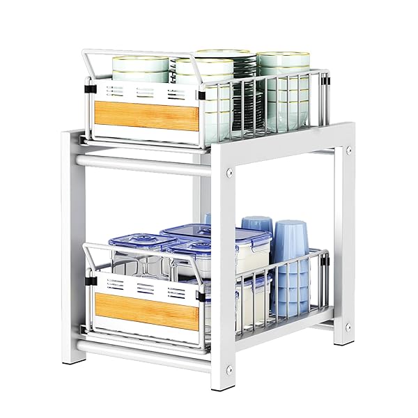 【送料無料】キッチン シンク下 収納ラック 洗面台下 収納 シンクした収納ラック 引き出し調味料収納ラック スライド 台所 収納 大容量 スパイスラック 2段 26cm (ホワイト)