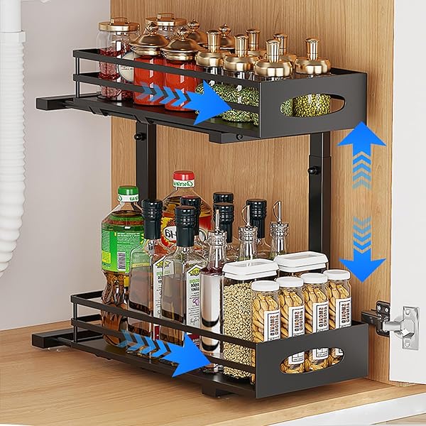 【送料無料】シンク下 収納 スライド式 洗面所 収納 2段引き出し式 キッチン収納 シンク下収納ラック 幅20cm 洗面台下 調味料 収納 小物整理 金属製 高さ調節可能 大容量 組立簡単 キッチン/トイレ/寝室 ブラック