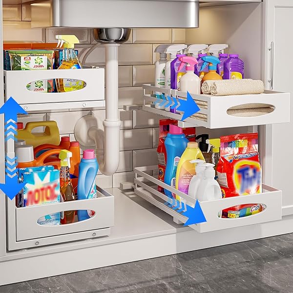 【送料無料】シンク下 収納 スライド式 洗面所 収納 2段引き出し式 キッチン収納 2個セット シンク下収納ラック 幅20cm 洗面台下 調味料 収納 小物整理 金属製 高さ調節可能 大容量 組立簡単 キッチン/トイレ/寝室 ホワイト