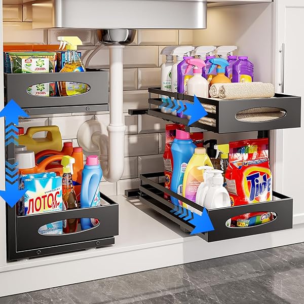 【送料無料】シンク下 収納 スライド式 洗面所 収納 2段引き出し式 キッチン収納 2個セット シンク下収納ラック 幅20cm 洗面台下 調味料 収納 小物整理 金属製 高さ調節可能 大容量 組立簡単 キッチン/トイレ/寝室 ブラック