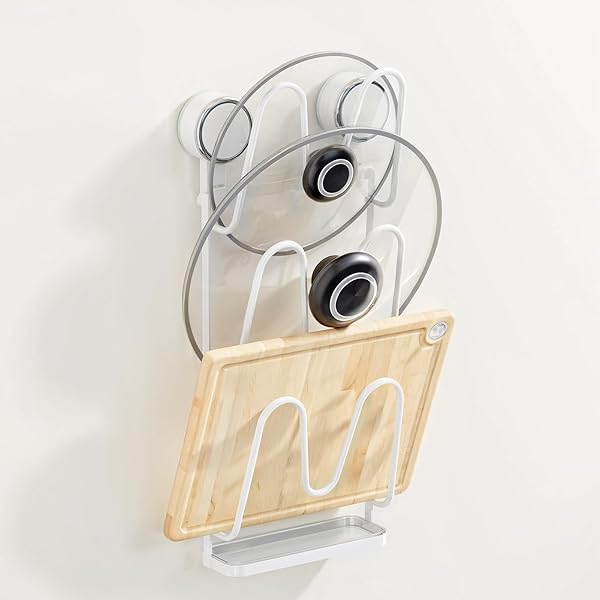 【送料無料】吸盤式 鍋蓋スタンド 3段 鍋蓋ホルダー 錆びにくい なべぶたスタンド 鍋ぶた まな板 鍋蓋置き 強力吸盤 キッチン 調理台収納 穴あけ不要 壁傷つけず 水受けトレイ付き 約W16.5XD6XH43cm 多機能 浮かせる収納 壁掛けラック