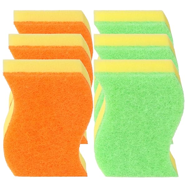 【送料無料】キッチンス スポンジ 食器洗い 6個入り キズつけない 泡立ち 水切れがよい 研磨粒子なし 台所用品 S字型 (オレンジ3個 グリーン3個)