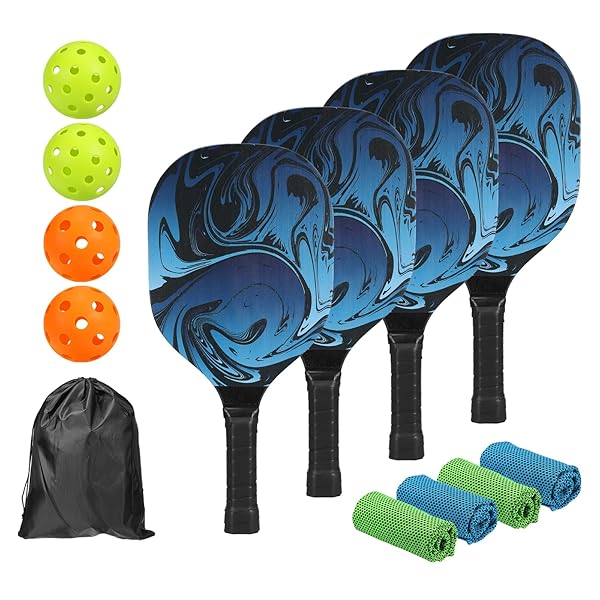 【送料無料】4セット ピックルボールパドル 高い質の木製ラケット クッショングリップ付き 4個ピックルボール 4個タオルとキャリーバッグ アウトドアスポーツ用