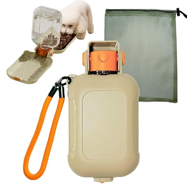 【送料無料】ペットウォーターボトル 犬猫兼用 携帯用水飲みボトル 460ml大容量 フードケース付き ダブルロック 防漏設計 片手操作 広口10cm 丸洗い可 散歩 アウトドア ペット給水器(カーキ, 460ml)