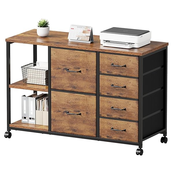 【送料無料】サイドキャビネット デスクワゴン 布製 袖机 層板付き サイドワゴン 6段 A4対応 プリンター台 大容量 キャスター付き デスク下収納 ビンテージ+ビンテージ
