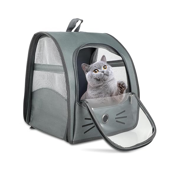 【送料無料】猫 リュック 猫 キャリーバッグ ペットキャリー 折りたたみ 軽量 透明窓 通気性 防水 多面設計 飛び出し防止 小、中猫と小型犬兼用 お出かけ 通院 旅行用 (グレー)