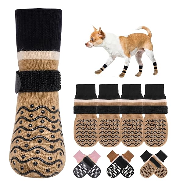 【送料無料】犬 靴下 滑り止め 4枚セット ペット用靴下 足カバー マジックテープ付き 脱げない 足舐め防止 肉球保護 室内用・屋外用 防寒 暑い路面 寒い地面 転倒防止 防滑ソックス 介護 サポート シニア犬 老犬 小型犬 中型犬 おしゃれ 可愛い