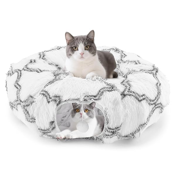 【送料無料】猫トンネル ドーナツ型 キャットトンネル 人気 猫用 ベッド 冬 寒さ対策 猫おもちゃ 一人遊び 猫の遊び場 運動不足対策 ストレス解消 ふわふわ 折り畳み可能 多匹飼いも適用 室内 人気 愛猫のお誕生日 記念日 プレゼント (灰白)