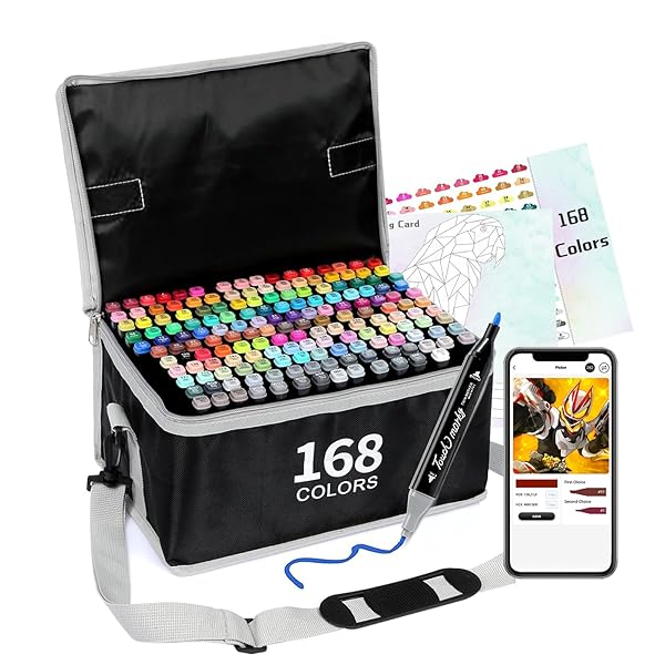 【送料無料】マーカーペン 168色 マーカー 170本 画材セット アートマーカー 太細両端 塗り絵ペン カラーアプリ対応 キャリングケース付き 正月&クリスマ...