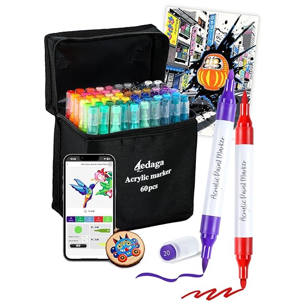 【送料無料】アクリルマーカー 60色セット 色付き号水性ペン 無料アプリ付き カラーペン 毒性無し 防水 速乾 耐光 太細両端 プラ板/ガラス/陶器/木材/布/...