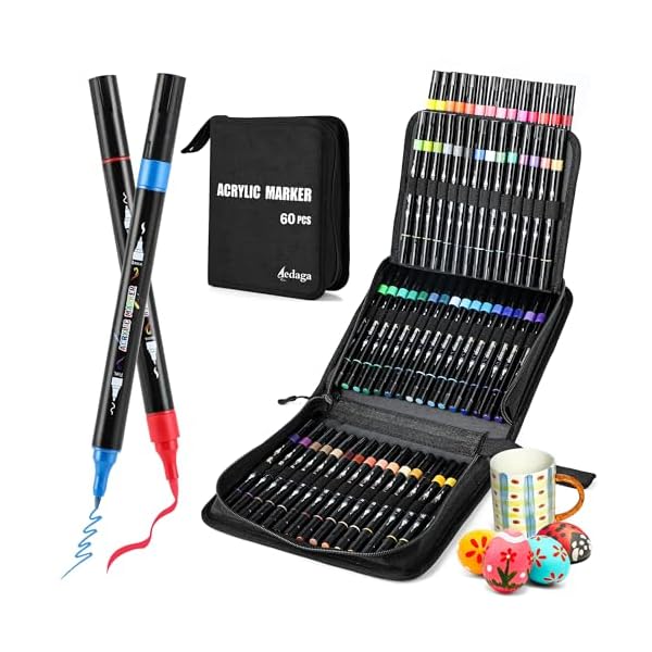 【送料無料】アクリルマーカーペン セット 60色 収納バッグ付き カラーペン 水性ペン 毒性無し 防水 速乾 耐光 太細両端 プラ板/ガラス/陶器/木材/布/石...