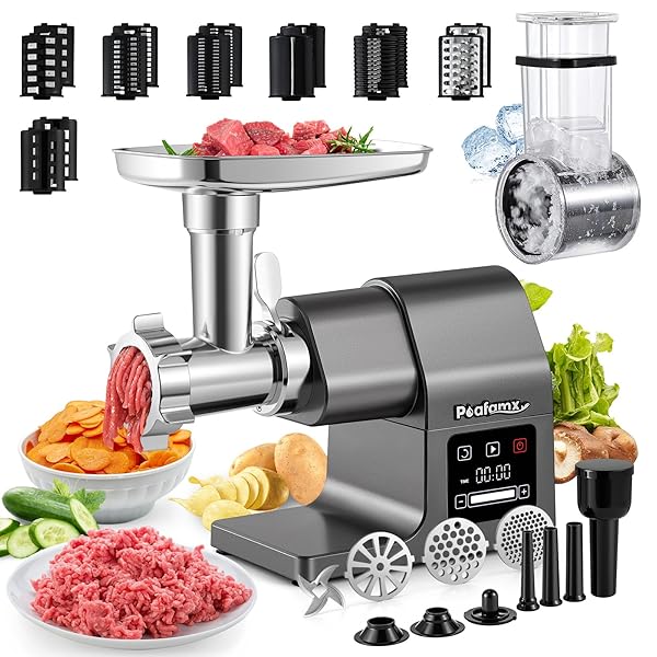 【送料無料】電動ミンサー500W タッチスクリーン付き 4/7mm/円盤型ブレード かき氷ブレード付き 野菜スライサー部品5つ付き 専用ポテトカッターブレード付き 直径1.4/2/2.2cmソーセージノズル/ミートローフ用部品付き ミンチ機 ひき肉機