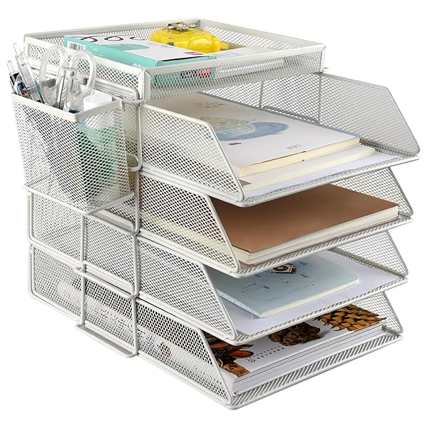 【送料無料】書類トレー 4+1段 レタートレー 縦置き レターケース a4 書類ケース 組み立て式 積み重ね可能 書類整理 ペン立て付き 小物入れ 卓上収納 ファイルラック メッシュメタル 新聞/雑誌/A4ファイル/フォルダー/書類収納 (ホワイト)