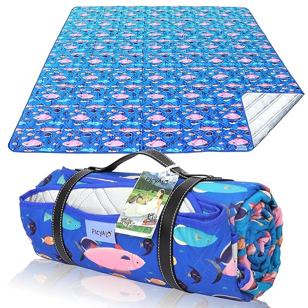 【送料無料】レジャーシート 厚手 大判 四層構造 折りたたみ可能 ピクニックマットIPX4防水 テントインナーマット 持ち運びやすい 良質革持ち手付き コンパクト軽量 断熱 洗濯機で洗える 卷き取り式 アルミ蒸着 おしゃれ かわいい 魚のグラデーショ