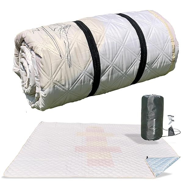 【送料無料】（ハッシュグローブ）レジャシート 大判サイズ 200×200cm 厚手 汚れにくい 地面固定用のペグ付き 防風 ? テントマット 防水 アルミフィルム二重構造? 収納袋付き ? 運動遊びデザイン付き ピクニックマット (ベージュ｜Hops