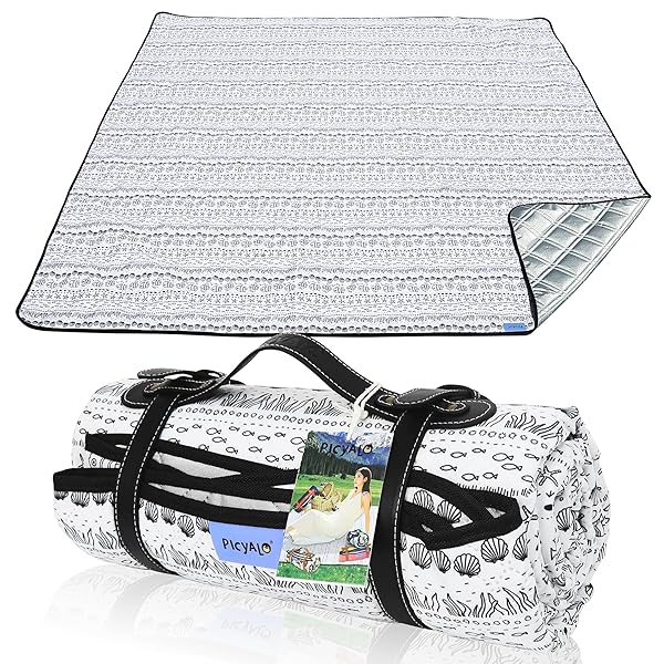 【送料無料】レジャーシート 厚手 大判 四層構造 折りたたみ可能 ピクニックマットIPX4防水 テントインナーマット 持ち運びやすい 良質革持ち手付き コンパクト軽量 断熱 洗濯機で洗える 卷き取り式 アルミ蒸着 おしゃれ かわいい 魚と貝の柄 遠足