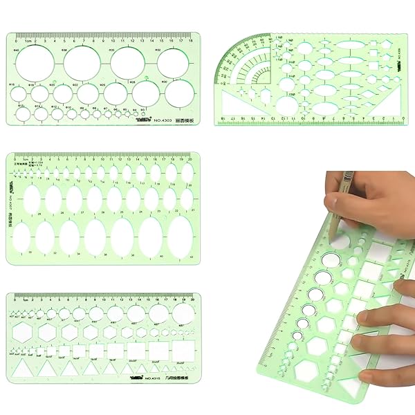 【送料無料】定規 テンプレート (4点セット) デザイン定規 円定規 四角 楕円 三角 多形 多機能 透明 一般総合定規 お絵描き 描画ルーラー 計量製図用品 ...