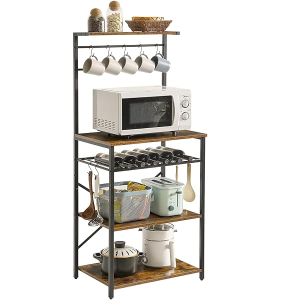 【送料無料】レンジ台レンジボード 5層 キッチンワゴン 大型レンジ対応 工業用コーヒー バー ステーション 調節可能なワイン ホルダーと12個S字ラックを付き 幅59×奥行40×高さ143cm 茶色 JPHBR001H
