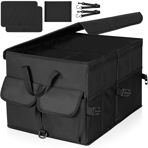 【送料無料】車用 トランク収納ボックス 折りたたみ可能 車用収納ボックス 蓋付き 仕切り付き アウトドア キャンプ カー用品 SUV 軽自動車 大中小型車 (ブラック)