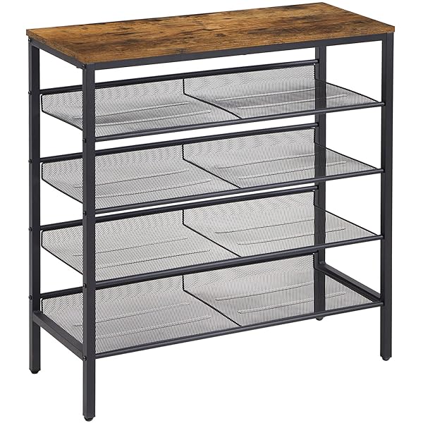 【送料無料】シューズラック 5段 メッシュ棚調整可能 靴棚 下駄箱 省スペース オープンラック 16足用 大容量 通気 木製天板 サイドテーブル 靴収納 靴置き 靴箱 玄関テーブル W75.5×D30×H87cm 茶色 JPHTMJ083H