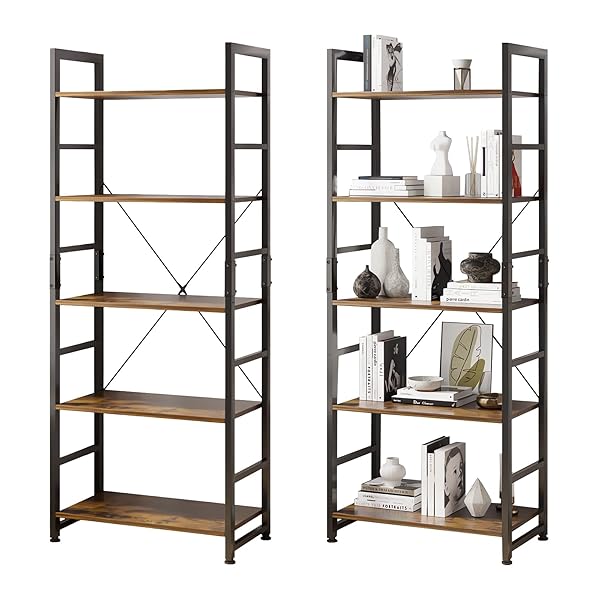 【送料無料】オープンシェルフラック 本棚 5段本棚 大容量 多機能収納ラック 木製ラック シェルフ 棚 寢室 リビングルーム ホームオフィス (レトロ, 5段)