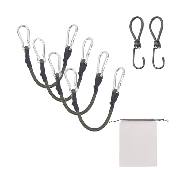 【送料無料】ストレッチコード ゴムロープ 両端カラビナ 4 個入り フック 収納袋付き 伸縮性ロープ 直径8mm ベランダ アウトドア キャンプ ゴムひも 貨物 荷物固定 自転車 固定バンド テント シェード 取り付け金具 防風