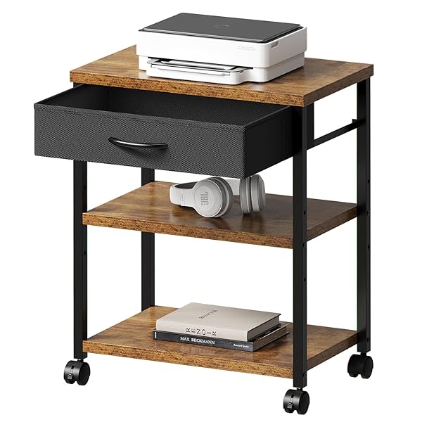 【送料無料】Maihail サイドテーブル ワゴン キャスター付き パソコンラック サイドワゴン プリンター台 板は調節可能 袖机 PC本体収納 幅48x奥行30x高さ60cm ビンテージ