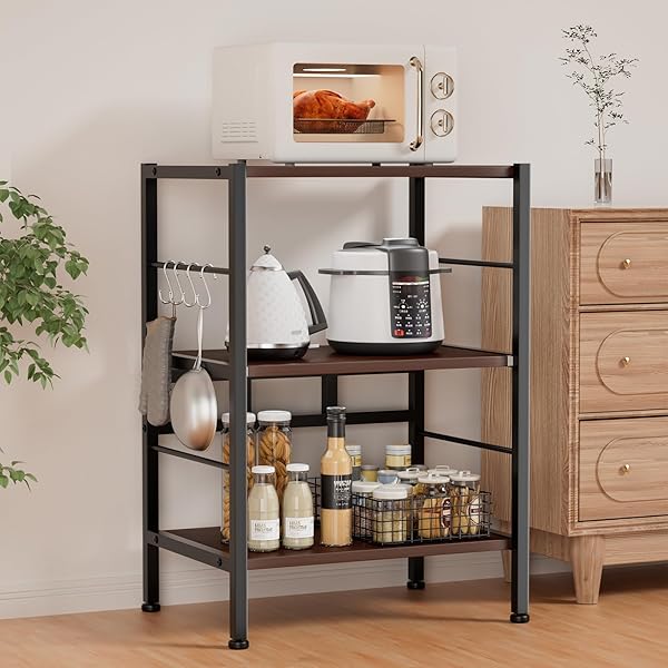 【送料無料】レンジラック キッチンラック スライド棚 大型レンジ対応 頑丈 レンジ台 食器棚 キッチン棚 キッチン収納 高耐荷設計 組み立て簡単 S字フック4個付き オープンラック 高さ84*幅60*奥行40cm ブラウン