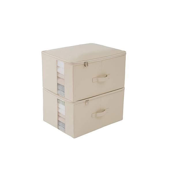 【送料無料】収納ボックス 収納ケース 大容量 衣類収納 折りたたみ 取っ手付き ふた付き おしゃれ 布製 衣装ケース 透明窓付き ファスナー (ベージュ, 幅45×奥行35×高さ25cm 2点セット)