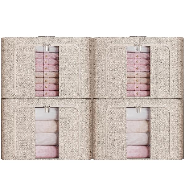 【送料無料】収納ボックス 収納ケース4点セット 66L大容量 衣類収納 折りたたみ 取っ手付き ふた付き おしゃれ 布製 衣装ケース 透明窓付き ファスナー (ベージュ-4)