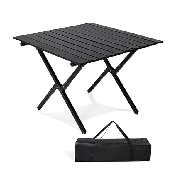 【送料無料】アウトドア 折りたたみ テーブル ロールトップテーブル 軽量 コンパクト キャンプテーブル簡単組立 収納バッグ付 インテリア 携帯便利 (60cm x 60cm x 45cm ブラック)