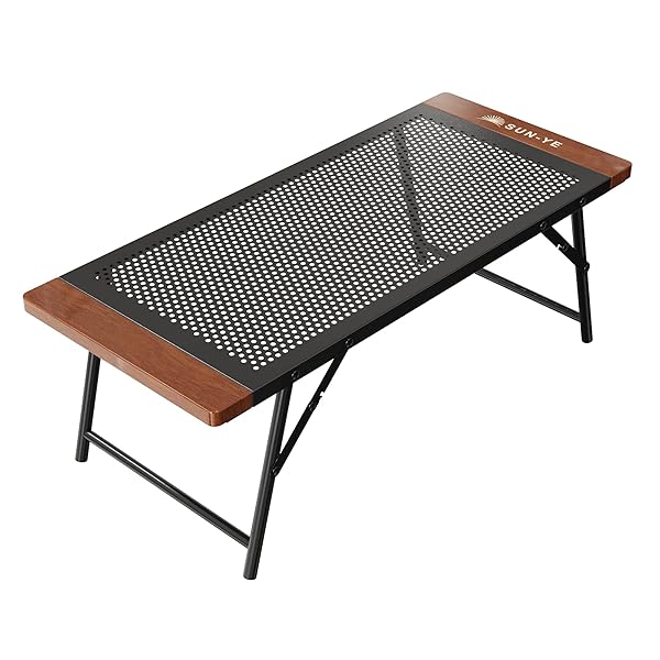 【送料無料】折り畳み キャンプテーブル アウトドア メッシュデザイン 木製エッジ 焚き火 コンロ置き クーラーボックススタンド対応 専用収納袋付き(ブラック 1個)