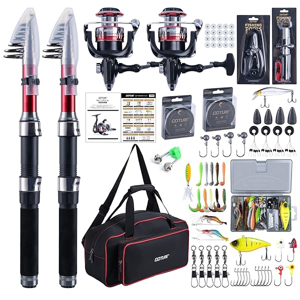 【送料無料】釣りセット 釣り竿 1.8M 【完全装備の12点セット】 炭素伸縮釣竿2本 スピニングリール2本 ナイロン釣り糸2巻き付き ルアーセット付き 900...