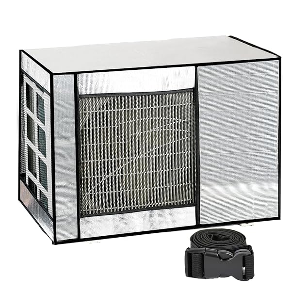 【送料無料】エアコン室外機カバー 室外機保護カバー アルミ箔素材 固定用ベルト付き 室外機 日よけ 雪 雨 風 遮熱保護 劣化防止 省エネ 防塵取り外し不要 効率アップ 省エネ 簡単脱着 オールシーズン適用 （86x35x60cm）