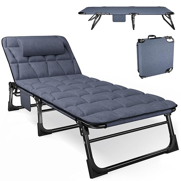 【送料無料】折りたたみベッド キャンプベッド マットレスと枕付き リクライニング アウトドア コット キャンプ 室内外兼用 ブルー