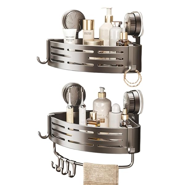 【送料無料】風呂 浴室用ラック 吸盤式 角型 シャワーラック フック付き タオルバー付き ノードリルで..