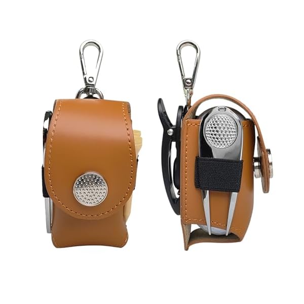 【送料無料】ゴルフボールケース ゴルフボールポーチ 腰 ベルト 簡単装着可能 マグネット蓋 出し入れ便利 ゴルフボール2個収納 ゴルフティー50mm?70mm?90mm各3本付き グリーンフォーク付き (ブラウン)