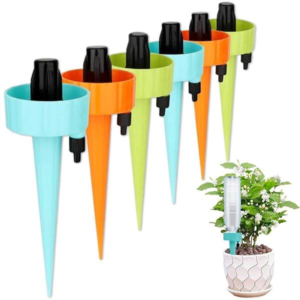 【送料無料】自動給水器 自動給水キャップ スパイク 庭植物自動水やり器 自動水分量調節 散水 植物自動じょうろ 簡単設置 水量調節可能 水遣り器 ペットボトル対応 園芸 植物 盆栽 野菜 留守に適用 6個セット ミックスカラー