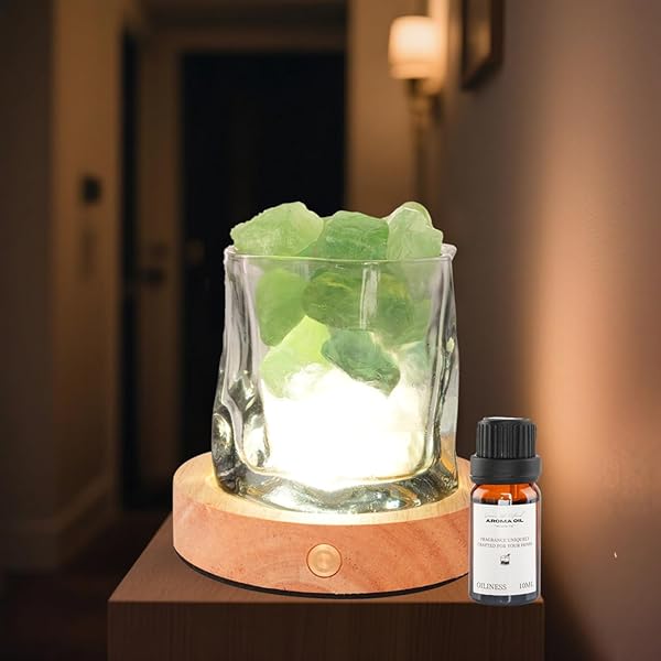 【送料無料】アロマストーン アロマディフューザー 誕生日プレゼント女性 向け ギフトセット (天然アロマオイル 10ml ローズ×サンダルウッドの香り + 水晶石 330g + ガラス容器 + 木製充電式スタンド)｜3色調光可能 アロマディフューザー