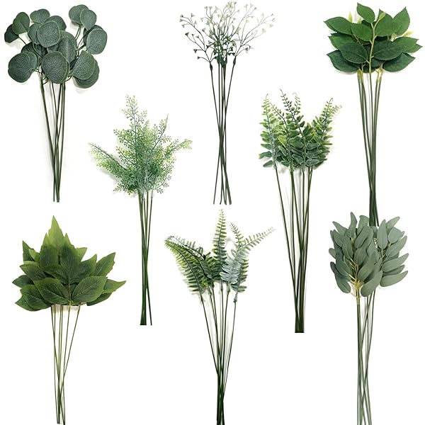 【送料無料】人工葉 茎付き 人工ユーカリ 造花 人工観葉植物 48個、8種類 結婚式ブーケ装飾 インテリアグリーン (グリーン 葉)